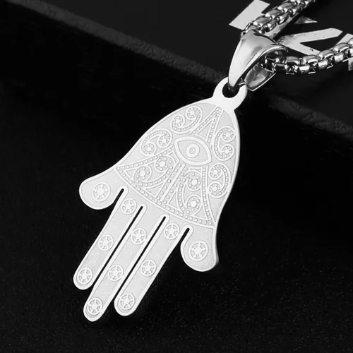 Vista 5 de HZMAN Khamsah Collar con colgante de mano de Fátima Hamsa de acero inoxidable con ojo egipcio, éxito y protección Lucky