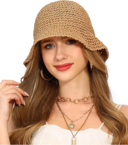 Vista 6 de Sombrero de sol para mujer, hecho a mano, con paja, protección UV, para viajes, verano, playa Caqui