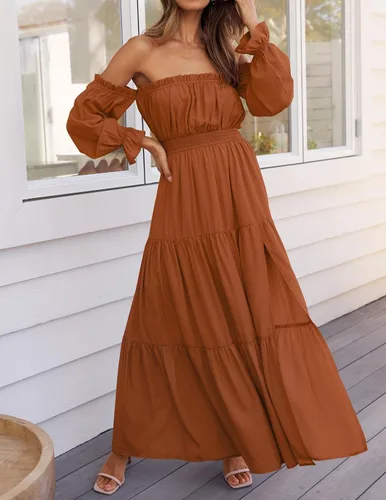 Vista 122 de ZESICA - Vestido largo, bohemio y sexy, con hombros descubiertos y manga larga fruncida, con elástico fruncido, cintura alta y abertura lateral