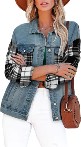 Vista 2 de SANMM Chaqueta de mezclilla con botones para mujer, ajuste regular, manga larga, elástica, con bolsillos