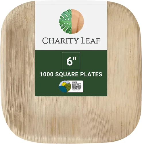 Vista 7 de Platos cuadrados desechables de hoja de palma Charity Leaf de 6" (15 cm) (50 piezas) Platos de servir tipo bambú, tablas desechables, vajilla