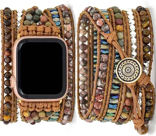 Vista 16 de Correa de reloj de cuerda trenzada con cuentas, estilo bohemio, gira 5 veces, múltiples capas, compatible con reloj Apple Watch de 45 mm, 41 mm, 44