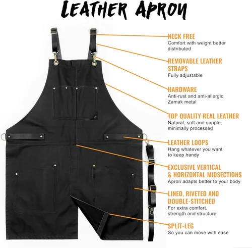 Vista 3 de Under NY Sky Delantal de cuero – correas cruzadas, pierna dividida, remachado, forrado – Piel auténtica para barberos, chef, camarero, barista Negro