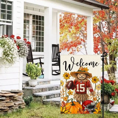 Vista 3 de Bandera de jardín de espantapájaros de otoño de 12 x 18 pulgadas, doble cara exterior, Acción de Gracias, fútbol, bienvenida, otoño, calabaza