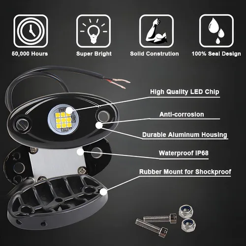 Vista 4 de Luces de Roca para Camiones, 4 Módulos de Luces LED de Roca, Kits de Luces de Neón de Roca Impermeables IP67 para Camioneta ATV Todoterreno SUV