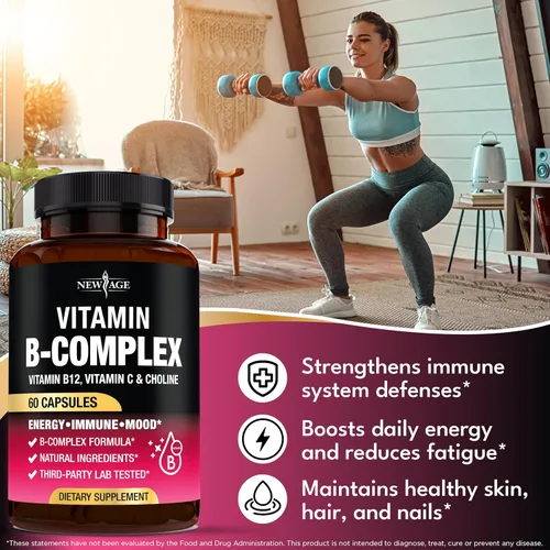 Vista 4 de Complejo de vitamina B para hombres y mujeres - Fabricado en EE. UU. - Complejo B: B1, B2, B3, B5, B6, B7, B8, B9, B12 con vitamina C, colina