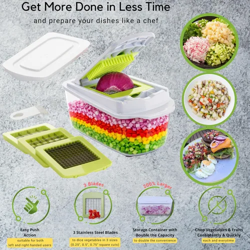 Vista 4 de Brieftons QuickPush - Picador de alimentos: más fuerte y 200% más de capacidad de contenedor, 30% más pesado, picador de frutas y verduras, cortador