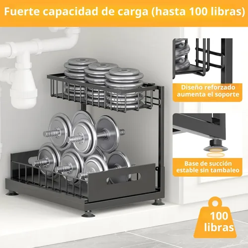 Vista 5 de Saydear Organizador de almacenamiento para debajo del fregadero, organizador de armario de cocina extraíble de 2 niveles con cajón deslizante, Negro