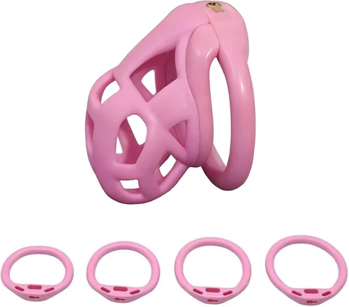 Vista 9 de Jaula de castidad rosa 2.0 dispositivo de castidad masculina con 4 anillos de resina ligera jaula de castidad para hombre pene ejercicio de bondage
