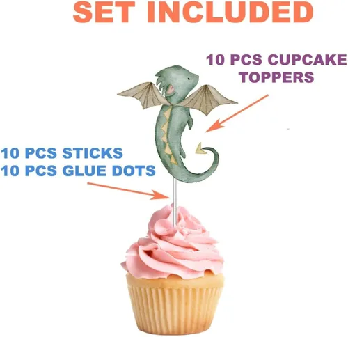 Vista 4 de Decoración para cupcakes de dragón, 10 piezas, suministros para baby shower y fiesta de cumpleaños con lindos dragones de fantasía para niños