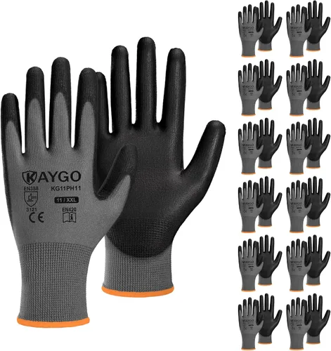 Vista 85 de KAYGO KG11PB - Guantes de trabajo de seguridad con revestimiento de poliuretano, 12 pares de guantes de punto sin costuras para hombres y mujeres