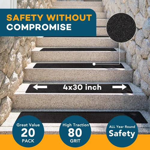 Vista 2 de VOISEN Peldaños para escaleras al aire libre, 4" x 30" paquete de 20, tiras antideslizantes precortadas, cinta adhesiva de agarre, impermeable