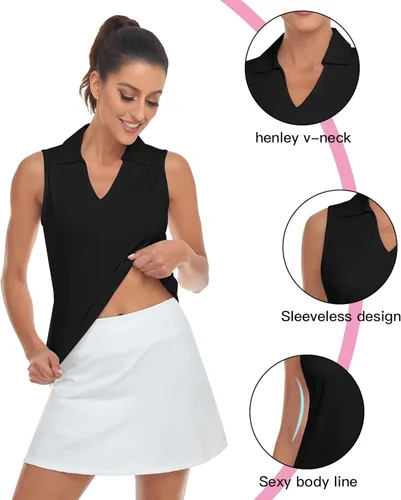 Vista 2 de Soneven Camisas de golf sin mangas con estampado que absorbe la humedad, cuello en V, camisas polo de golf con espalda cruzada