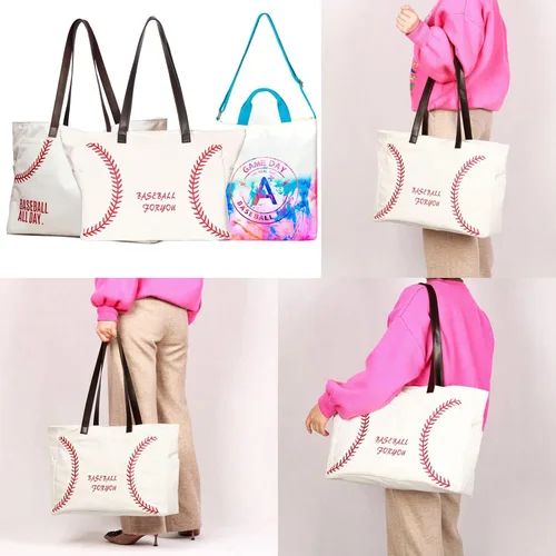 Vista 6 de Bolsas de béisbol para mujer, bolsas de lona gruesa con bolsillos, artículos esenciales deportivos para mamá, accesorios para el día del juego