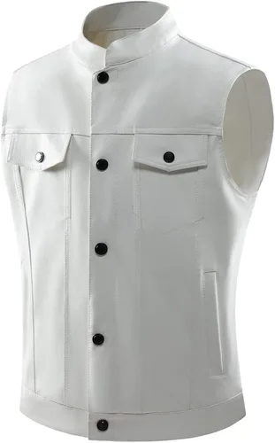 Vista 2 de Chaqueta de piel sintética para hombre, chaleco de motociclista sólido a la moda, chaqueta de motociclista, chaqueta casual de vaquero occidental
