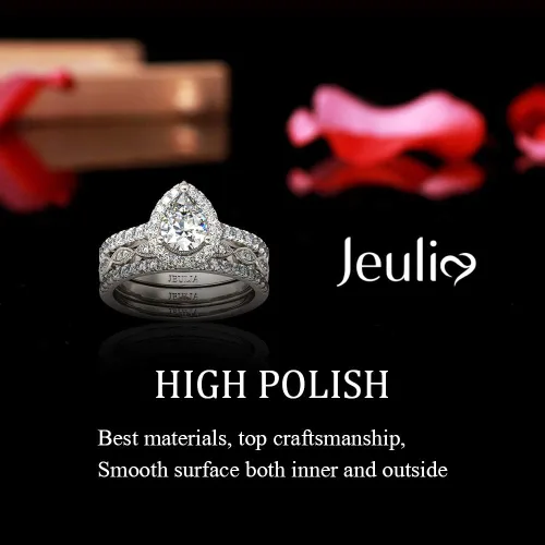 Vista 3 de Jeulia Juego de anillos de halo de corte pera, anillo de compromiso con forma de corazón CZ para mujer, plata de ley, diamante blanco, anillos