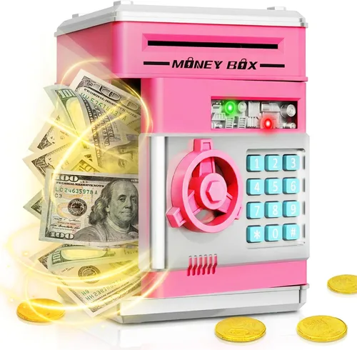 Vista 15 de Refasy Alcancía para dinero en efectivo, cajero automático, banco electrónico de monedas para niños de 3 a 12 años, caja de ahorro de dinero, mini