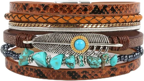 Vista 9 de Fesciory - Pulsera de leopardo para mujer, estilo bohemio de cuero multicapa con perlas de cristal