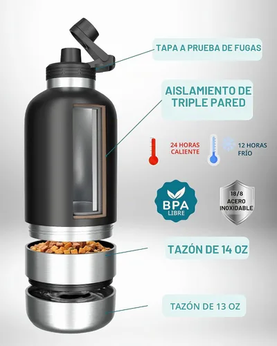 Vista 2 de Botella de agua para perros, botella de agua de viaje aislada para perros, dispensador de botellas de agua para mascotas de acero inoxidable