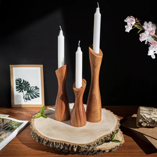 Vista 7 de OLEEK portavelas cónicos de madera - portavelas cónicos de madera para centro de mesa - portavelas de madera (9", 8", 6") - portavela de madera