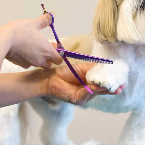 Vista 7 de PURPLEBIRD Tijeras curvadas hacia abajo de 7 pulgadas para peluquería para perros, tijeras texturizadoras de adelgazamiento, seguridad profesional