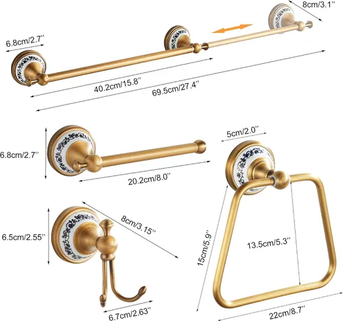 Vista 2 de Juego de accesorios de baño de bronce antiguo, toallero ajustable, soporte para rollo de papel higiénico, soporte para toalla de mano, gancho, juego
