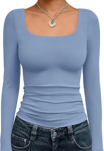 Vista 14 de Trendy Queen - Camisas ombligueras para mujer, manga larga, cuello cuadrado, básicas, para salir, de invierno, Y2K Albaricoque