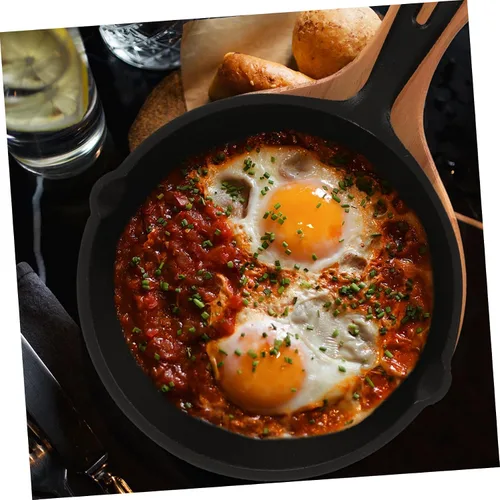 Vista 6 de Uonlytech Thickened Cast Iron Non-stick Frying Pan with Handle and Wooden Board Even Heat Distribution Steak Cooking Pan for Home Kitchen Utensil