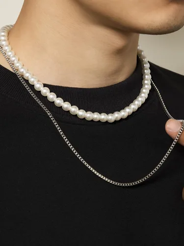 Vista 2 de Collar de perlas para hombre, gargantilla redonda de perlas blancas, collar de perlas de oro, collar de joyería para niños