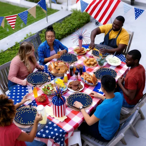 Vista 5 de 30 platos azul marino de 10 x 12 pulgadas, platos ovalados de papel azul y dorado, platos grandes para fiestas patrióticas para jubilaciones del 4