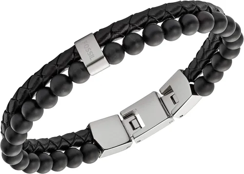 Vista 2 de Fossil Pulsera de cuentas de acero inoxidable y cuero genuino para hombre