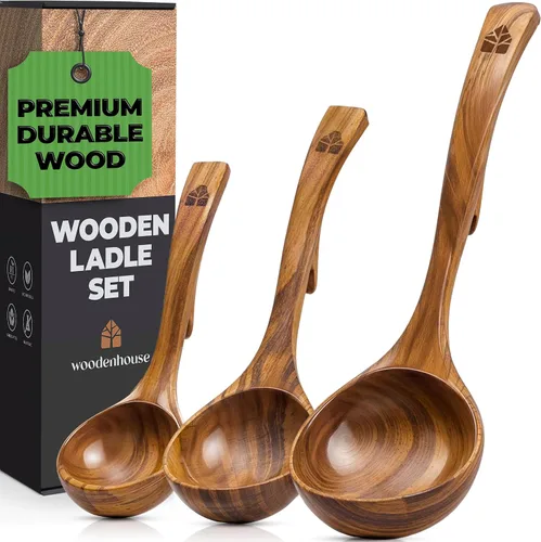 Vista 9 de Cucharón de madera para cocinar, cuchara de sopa - Cuchara de madera de teca, mango de 12.4 pulgadas, tamaño mediano de 2 onzas, ecológico, natural
