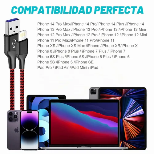Vista 7 de Paquete de 3 cables de carga para iPhone con certificación MFi de 6 pies, color rojo