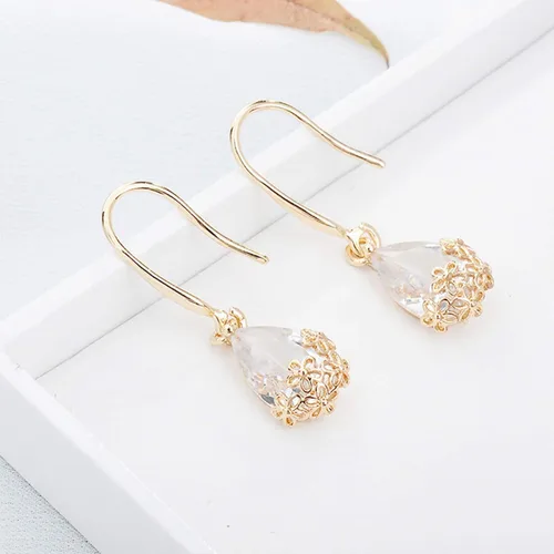 Vista 5 de Pendientes de aro con forma de gota y colgante, diseño vintage de gota de agua floral de metal con incrustaciones de circonita cúbica, joyería