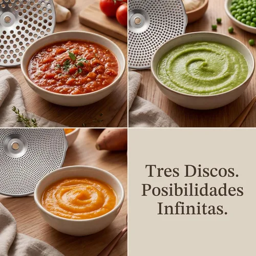 Vista 2 de Molino de alimentos de acero inoxidable con asas desmontables – Molino de manivela para comida de bebé, salsa de tomate y puré de papas – Incluye 3