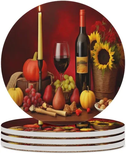 Vista 42 de 4 posavasos de vino tinto, cuadrados y modernos posavasos absorbentes de cerámica, estilo de pintura al óleo, vintage, vino tinto, uvas, rosa