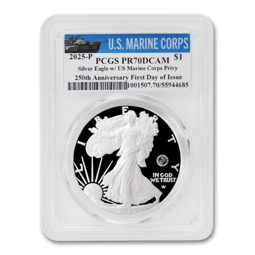 Vista 3 de 2025 P 1 oz American Silver Eagle U.S. Marine Privy Proof Coin PR-70 Deep Cameo (primer día de emisión - etiqueta marina) con embalaje