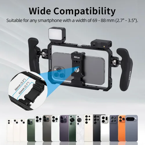 Vista 2 de Nitze - Soporte universal para teléfono inteligente T-MP01B Ergonomic Side Handles, Adjustable Cellphone Clamp, 5 Built-in Cold Shoes, For Vlogger
