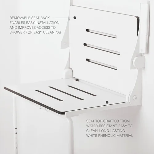 Vista 5 de Seachrome Silhouette Comfort Plus Asiento plegable resistente para ducha de montaje en pared con reposabrazos y patas, asiento blanco con marco