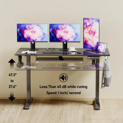 Vista 4 de Escritorio eléctrico de altura ajustable con bandeja para teclado, escritorio de pie sentado de 48 x 24 pulgadas, escritorio ergonómico para Negro