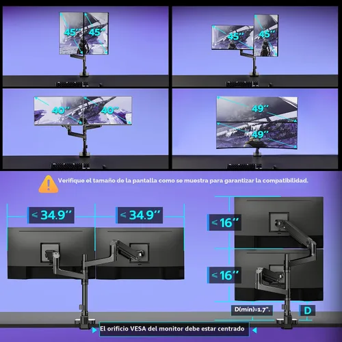 Vista 2 de ARES WING Soporte de escritorio con brazo de doble monitor para monitores ultraanchos de 17 a 49 pulgadas, soporte de monitor doble resistente