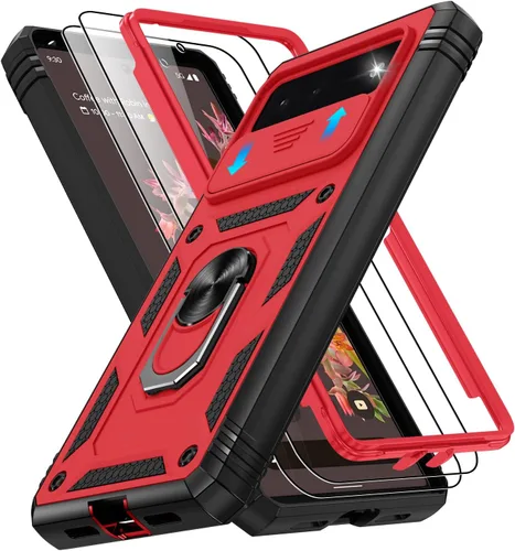 Vista 141 de Gritup Funda para Google Pixel 6 con cubierta deslizante para cámara y protector de pantalla (2 unidades), soporte de anillo giratorio 360°, funda