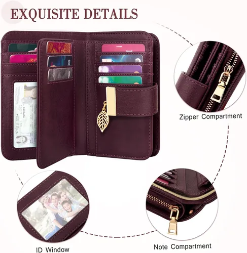 Vista 4 de Cartera pequeña con bloqueo RFID para mujer, de cuero, compacta, plegable, con 18 ranuras para tarjetas, con bolsillo para monedas, rojo (Red Wall)