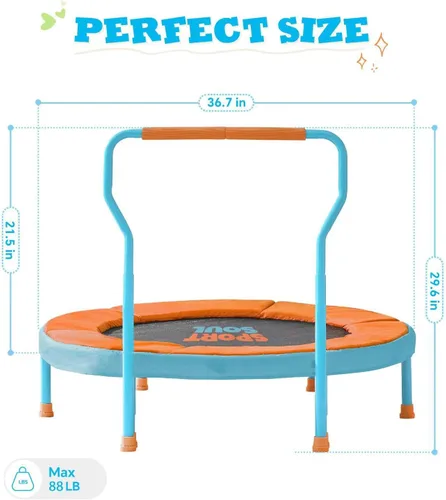 Vista 9 de SPORTSOUL Mini Trampoline for Kids 3-6 with Super Safe Foam Handle Bar, 3ft Toddler Trampoline Indoor with No-Gap Cover for Indoor and Outdoor