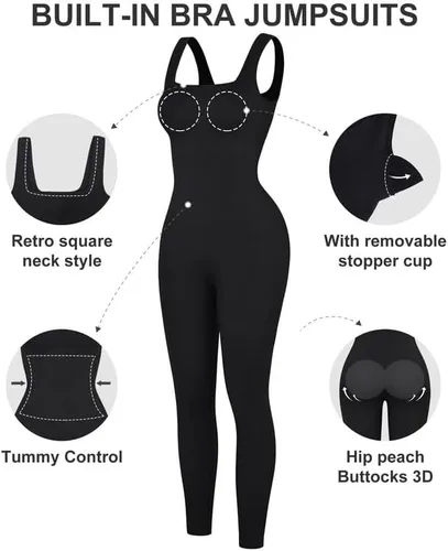 Vista 3 de Popilush Jumpsuits for Women Built-In Bra Rompers Seamless Ribbed Outfits Yoga Sleeveless Workout Set