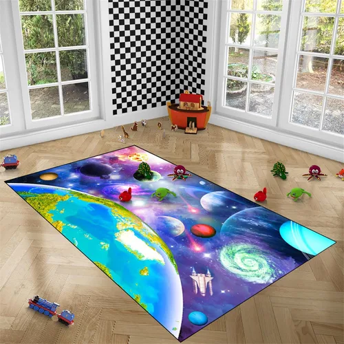 Vista 2 de Alfombra espacial para habitación de niños, alfombra de galaxia para niños, alfombras espaciales para dormitorio de niños, decoración