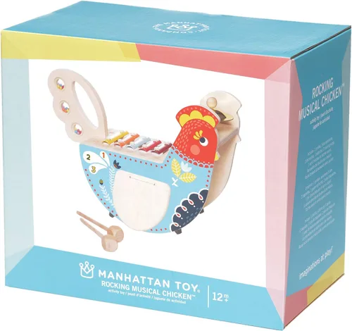 Vista 6 de Manhattan Toy Pollo Musical Instrumento de Madera para Niños Pequeños con Xilófono, Baquetas, Platillo y Maraca, Azul