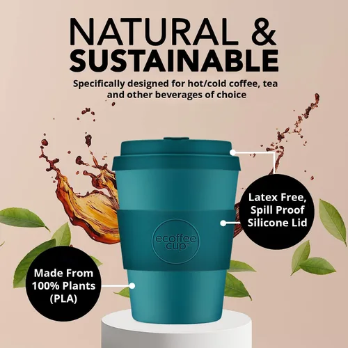 Vista 4 de Ecoffee Cup Taza de café reutilizable de 12 onzas (11.8 fl oz) – Taza de viaje a base de plantas PLA con tapa de silicona, sin melamina y apta