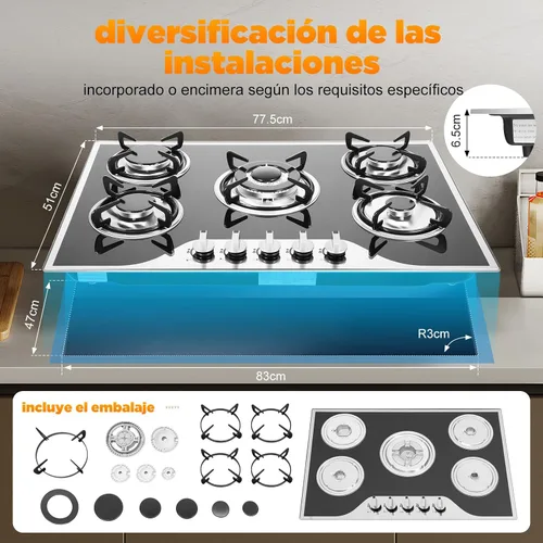 Vista 2 de Estufa de gas de 5 quemadores, encimera de acero inoxidable integrada de 30 pulgadas, encimera de acero inoxidable integrada con protección