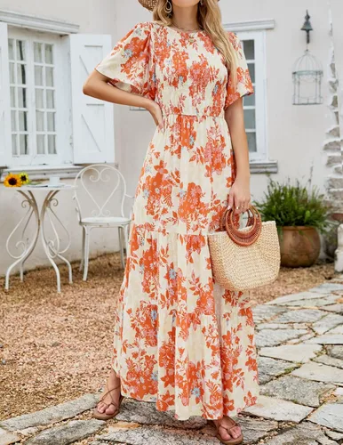 Vista 8 de ZESICA Vestido largo casual de verano para mujer, con estampado floral, manga corta con vuelo, cuello redondo, cintura alta fruncida